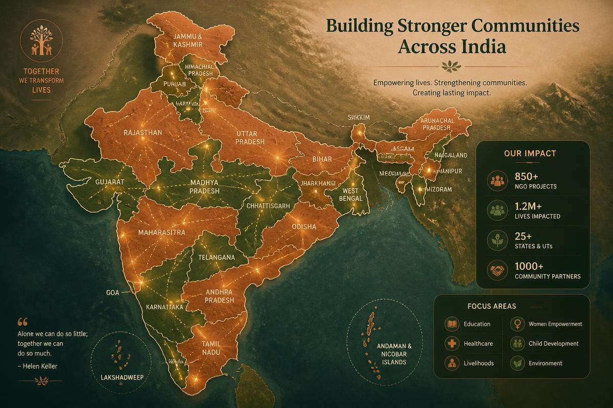 Map of India showing Anudaan Foundation impact across states and districts